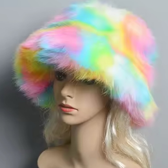 Rainbow Marble Swirl Faux Fur Costume Y2K Rave Fuzzy Furry Bucket Hat - Picture 2 of 16
